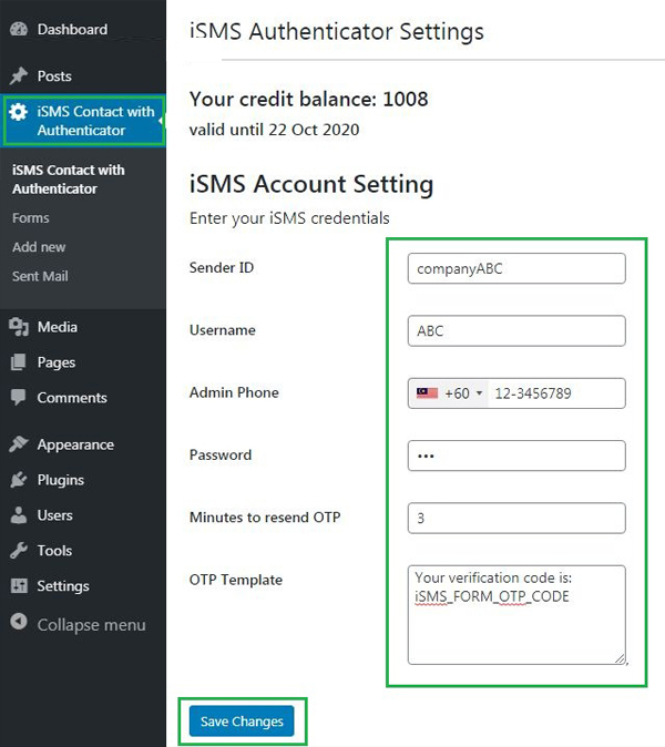 Configure WordPress iSMS Contact Form Authenticator Plugin Philippines