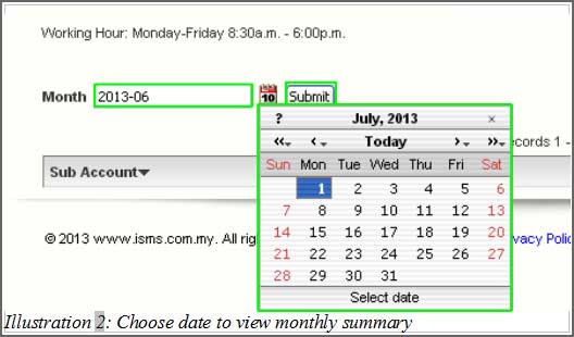 iSMS Monthly Summary — date selector