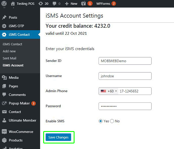 Configure WordPress iSMS Contact Form Plugin Philippines