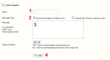 iSMS SMS Template form